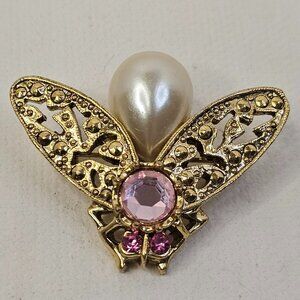 Gold Tone Insect Pink Rhinestone Faux Pearl Brooch Unmarked Fly Pin